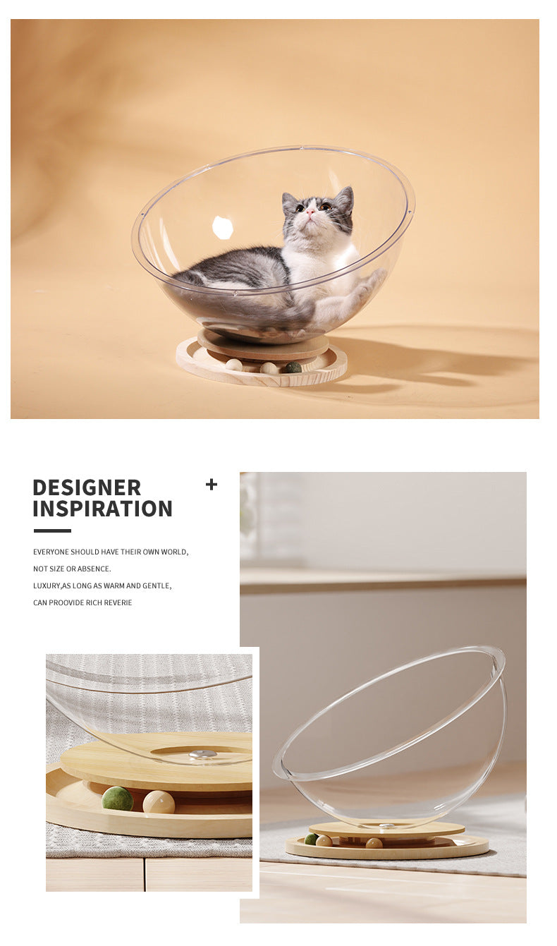 Acrylic Space Capsule Cat Bed with Wooden Spinner – 2-in-1 Play & Rest Pod
