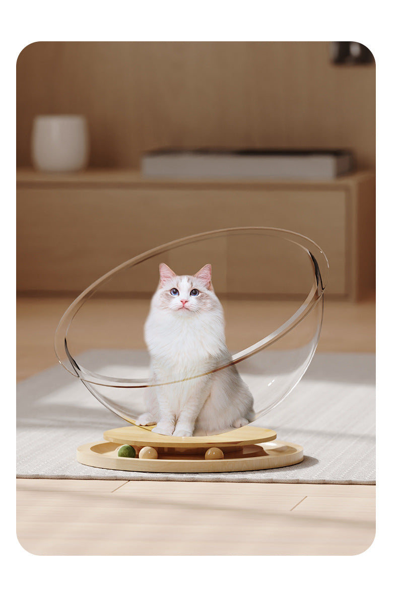 Acrylic Space Capsule Cat Bed with Wooden Spinner – 2-in-1 Play & Rest Pod