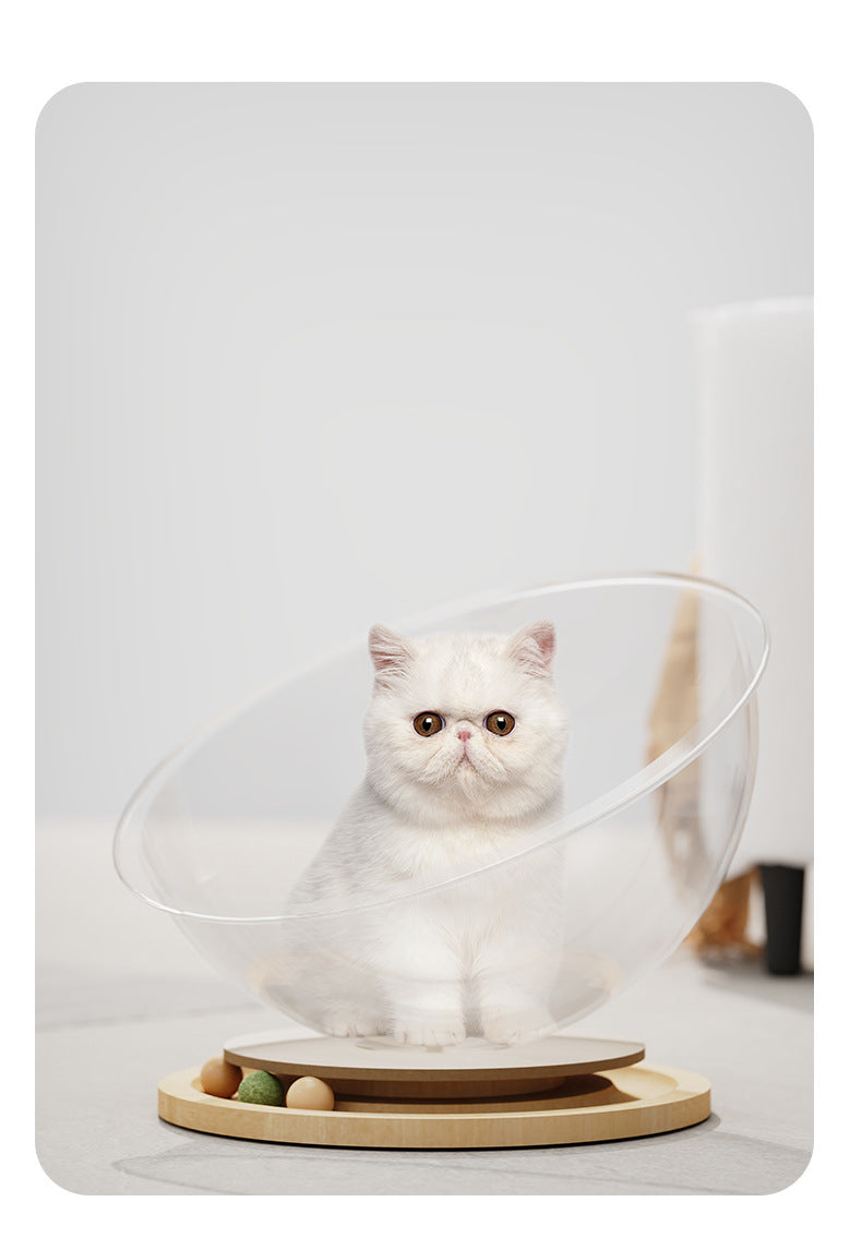 Acrylic Space Capsule Cat Bed with Wooden Spinner – 2-in-1 Play & Rest Pod