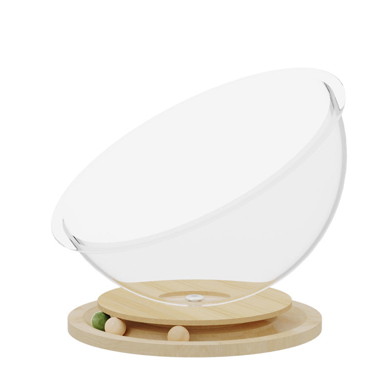 Acrylic Space Capsule Cat Bed with Wooden Spinner – 2-in-1 Play & Rest Pod