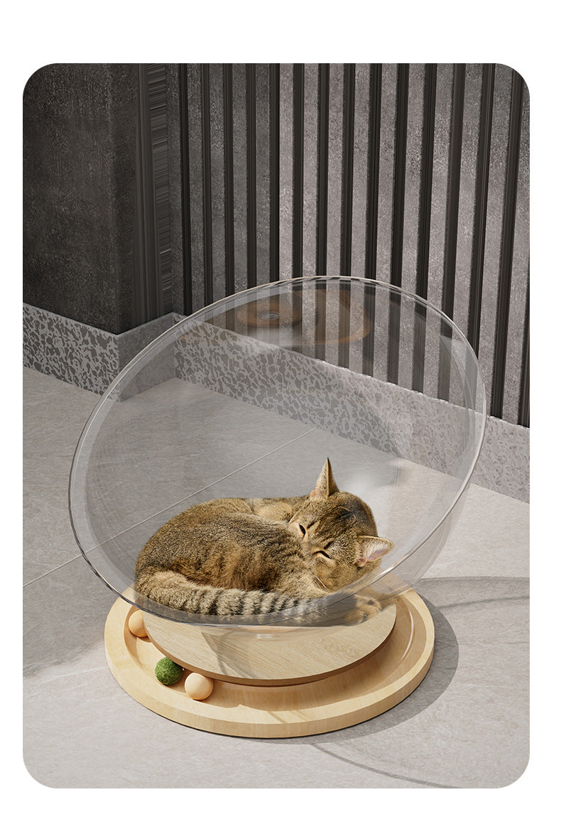 Acrylic Space Capsule Cat Bed with Wooden Spinner – 2-in-1 Play & Rest Pod