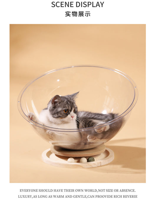 Acrylic Space Capsule Cat Bed with Wooden Spinner – 2-in-1 Play & Rest Pod
